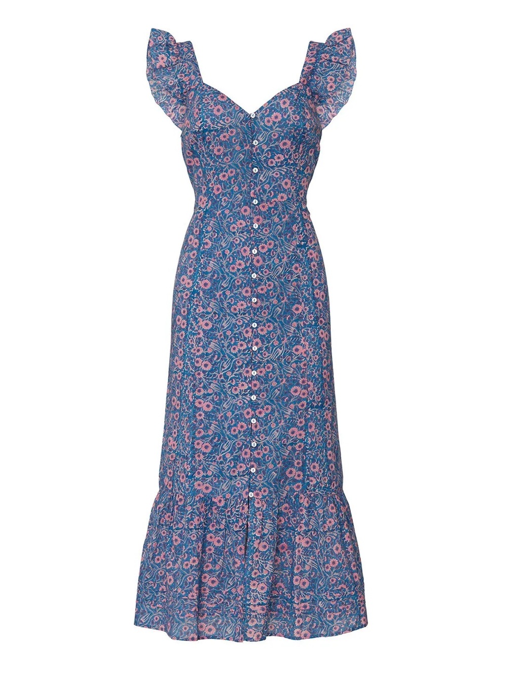 Cleobella Sophia Midi Dress Blue & Pink Floral Button-Front 100% Cotton Sz S
